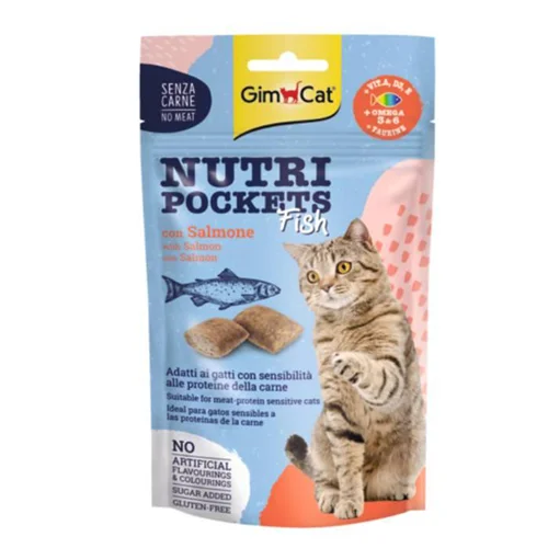 اسنک تشویقی گربه جیم کت بدون پروتئین حیوانی با طعم سالمون GimCat Nutri Pockets Salmon وزن 60 گرم